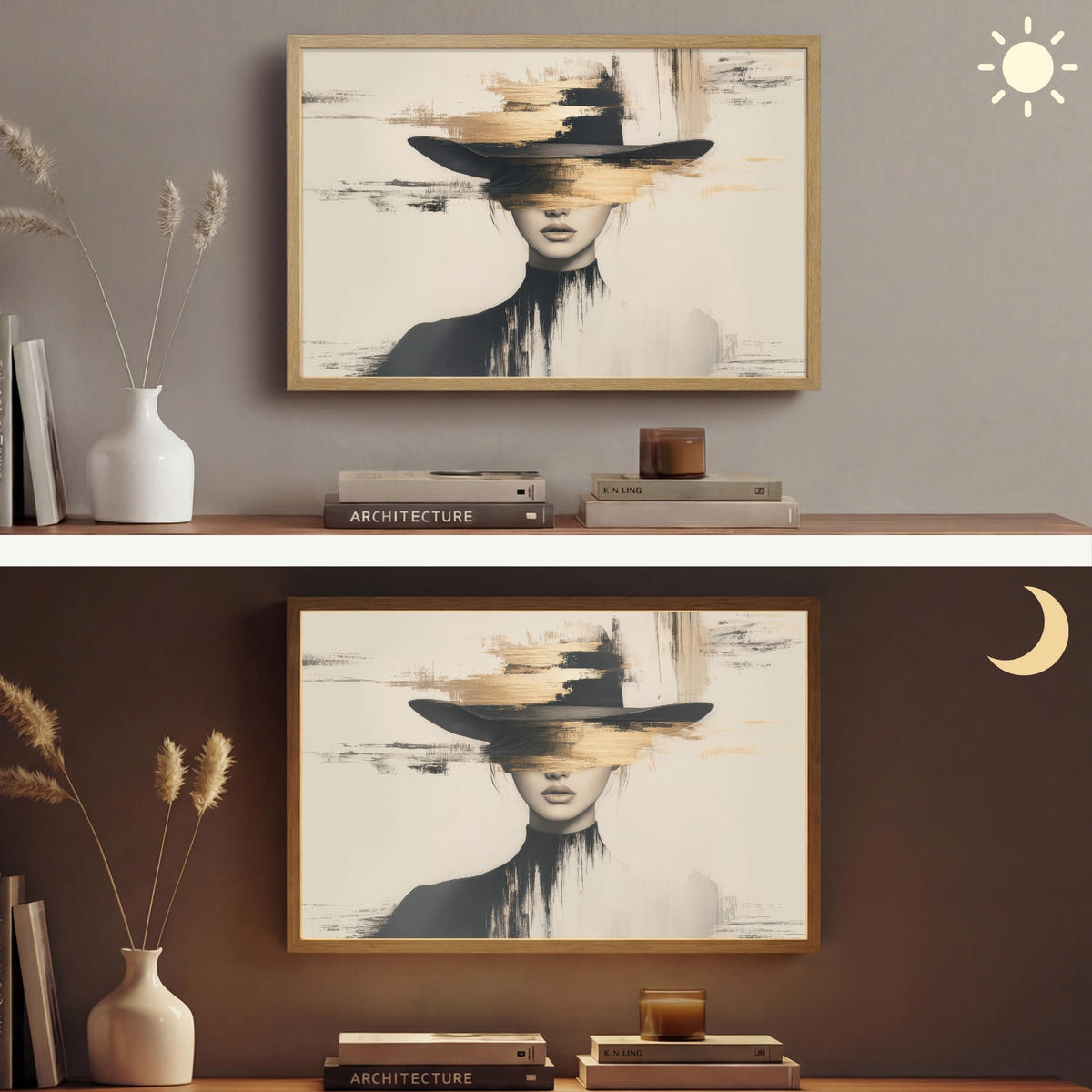 NÁSTĚNNÁ LAMPA S AKUMULÁTOREM Žena - klobouk - barva 60x40 cm - krémová, kompozitní dřevo (60/40/8cm) - OnlyWow