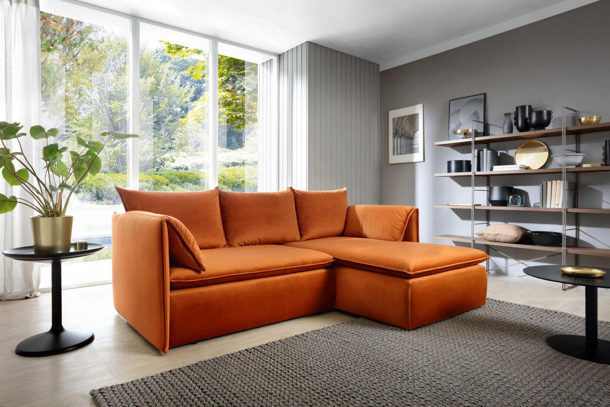 ECKSOFA PREGIO Orange Plüsch-Stoff mit Schlaffunktion - Orange, Holz (230/166cm) - MASSENO