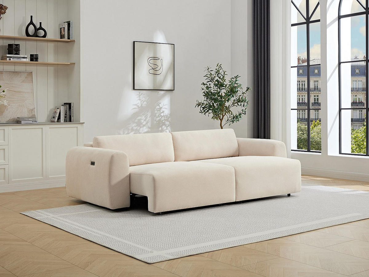 SOFA 4-Sitzer mit elektrisch ausziehbarer Sitzfläche – Feincord-Samt Beige – PASTARO - Beige, Textil (242/75/109cm) - Vente-Unique