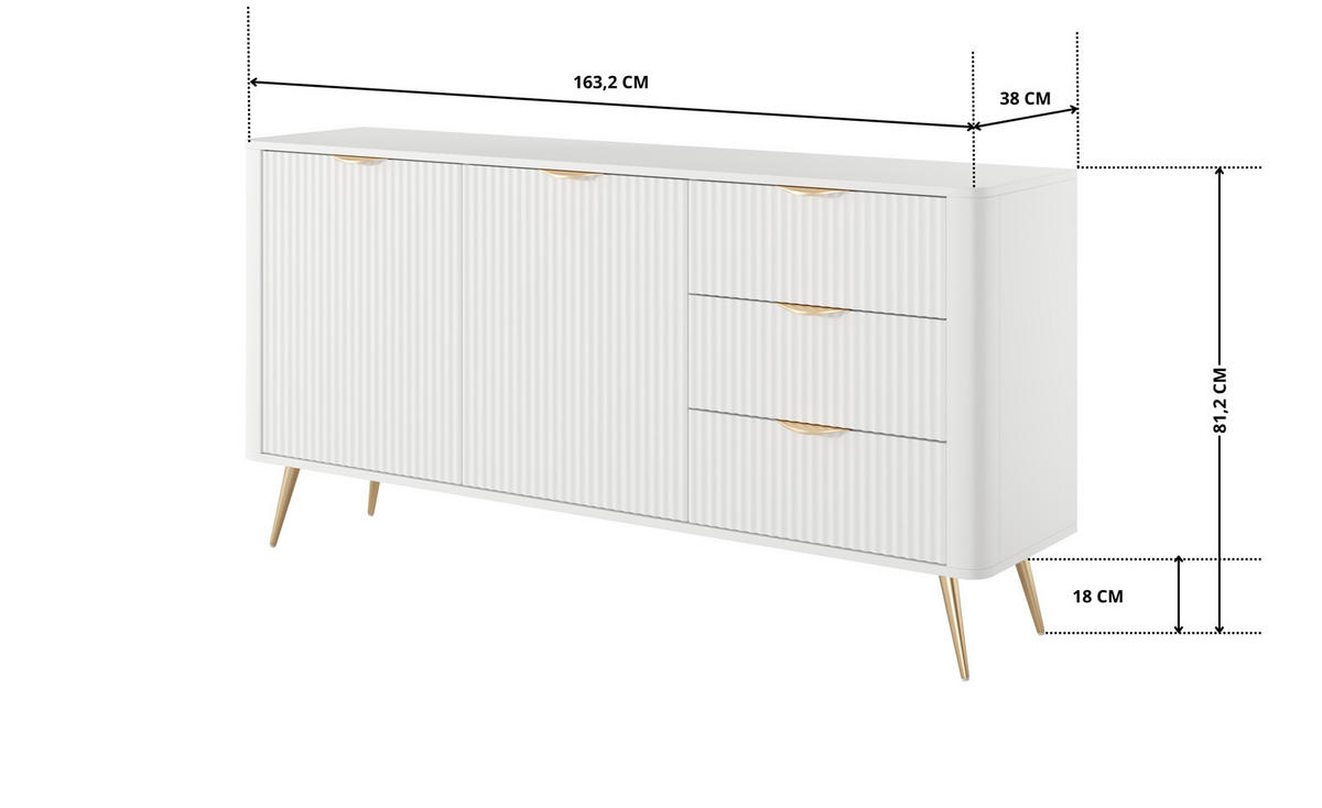 SIDEBOARD Flore 163 cm Weiß / Gold - mit 3 Schubladen und 2 Türen - Riffel-Optik - Gelb/Goldfarben, Holz/Holzwerkstoff (163/81/38cm) - Ravio