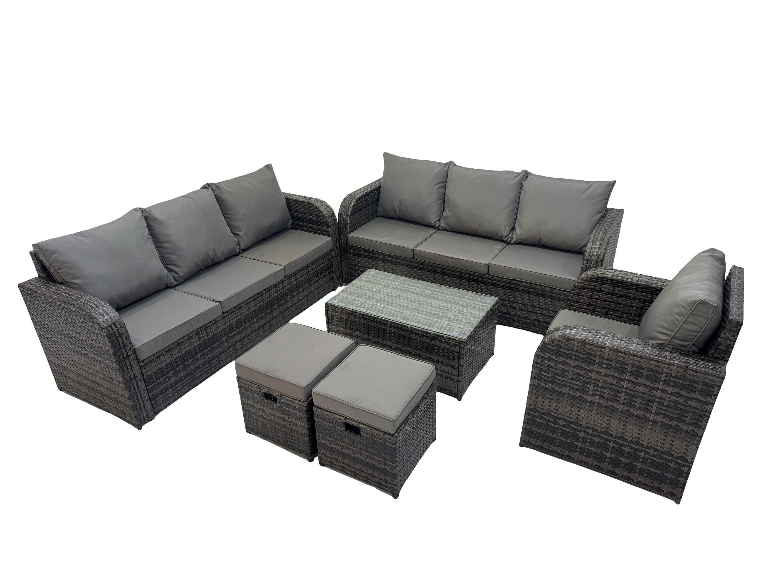 GARTENMÖBEL-SET mit Kissen Polyrattan Dunkelgrau 9-Sitzer - Dunkelgrau/Grau, Glas/Kunststoff - Fimous