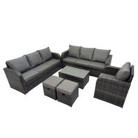 GARTENMÖBEL-SET mit Kissen Polyrattan Dunkelgrau 9-Sitzer - Dunkelgrau/Grau, Glas/Kunststoff - Fimous
