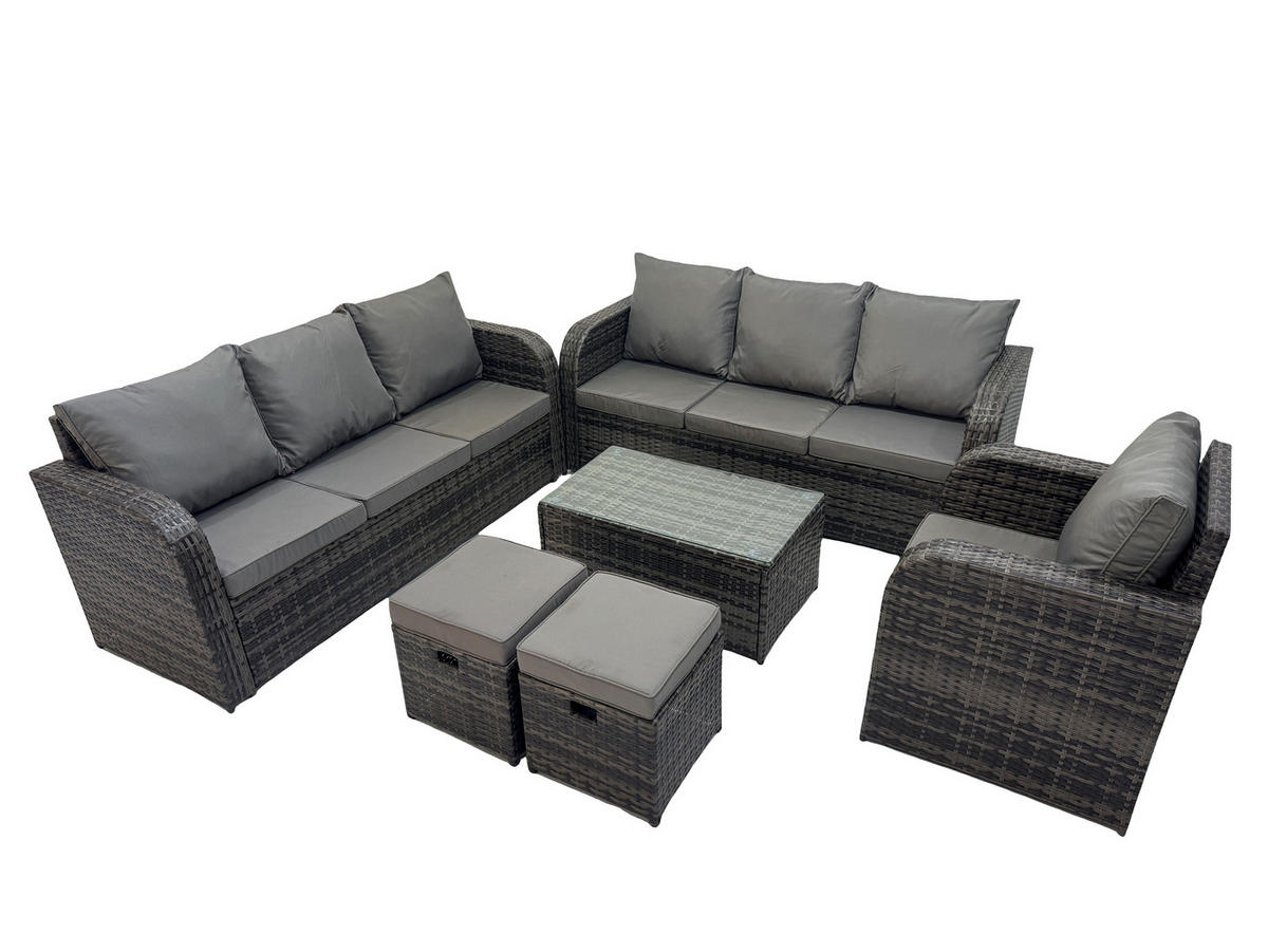 GARTENMÖBEL-SET mit Kissen Polyrattan Dunkelgrau 9-Sitzer - Dunkelgrau/Grau, Glas/Kunststoff - Fimous