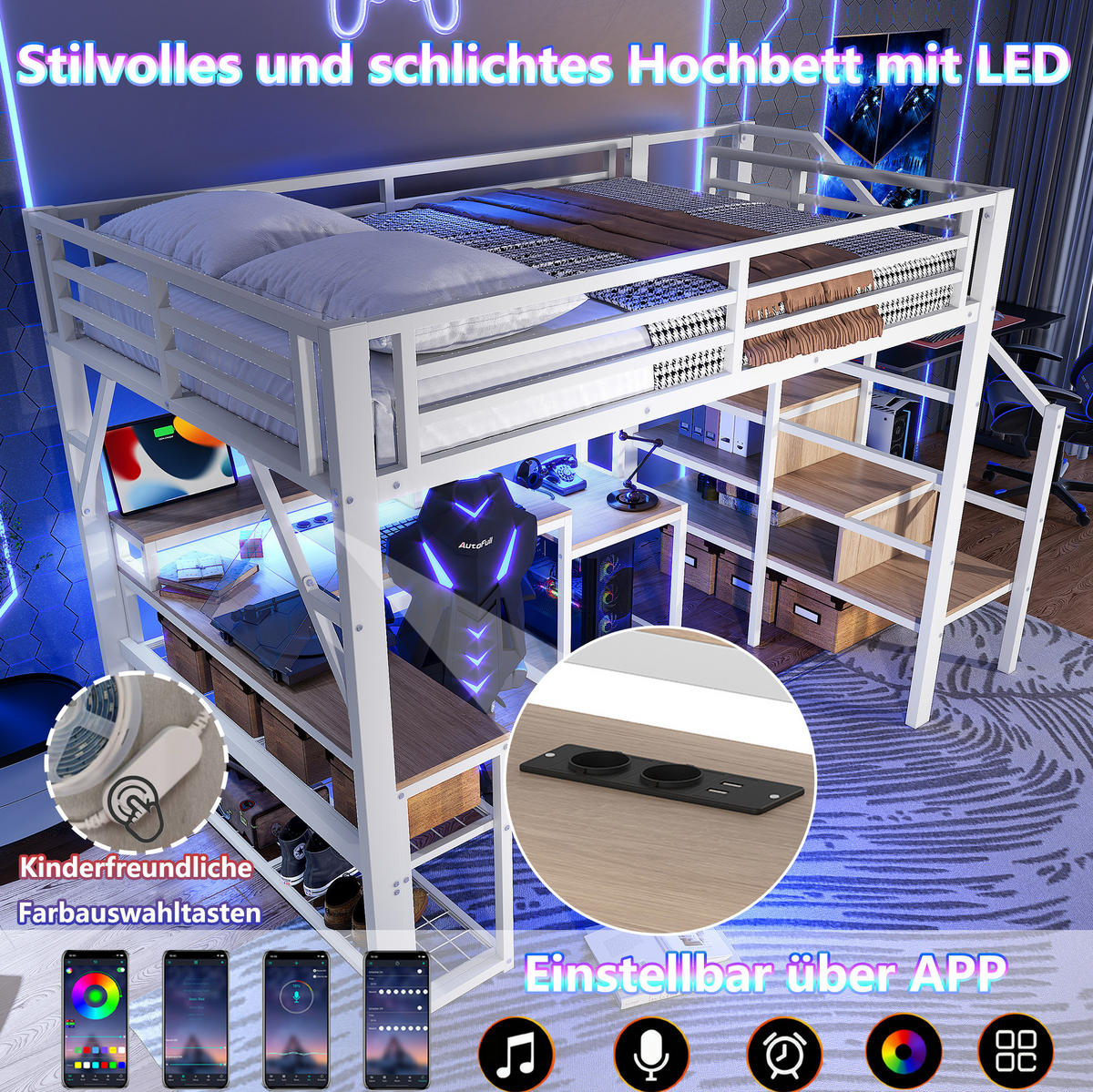 HOCHBETT mit Schreibtisch 140/200 cm in Weiß – mit Stauraumtreppe und LED - Weiß, Metall (140/200cm) - BEAOK