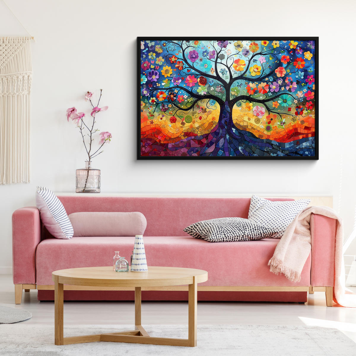 ZARÁMOVANÝ PLAGÁT Umenie - Strom života - Kvety - Hippie 120x80 cm - tmavomodrá, papier (120/80cm) - MuchoWow