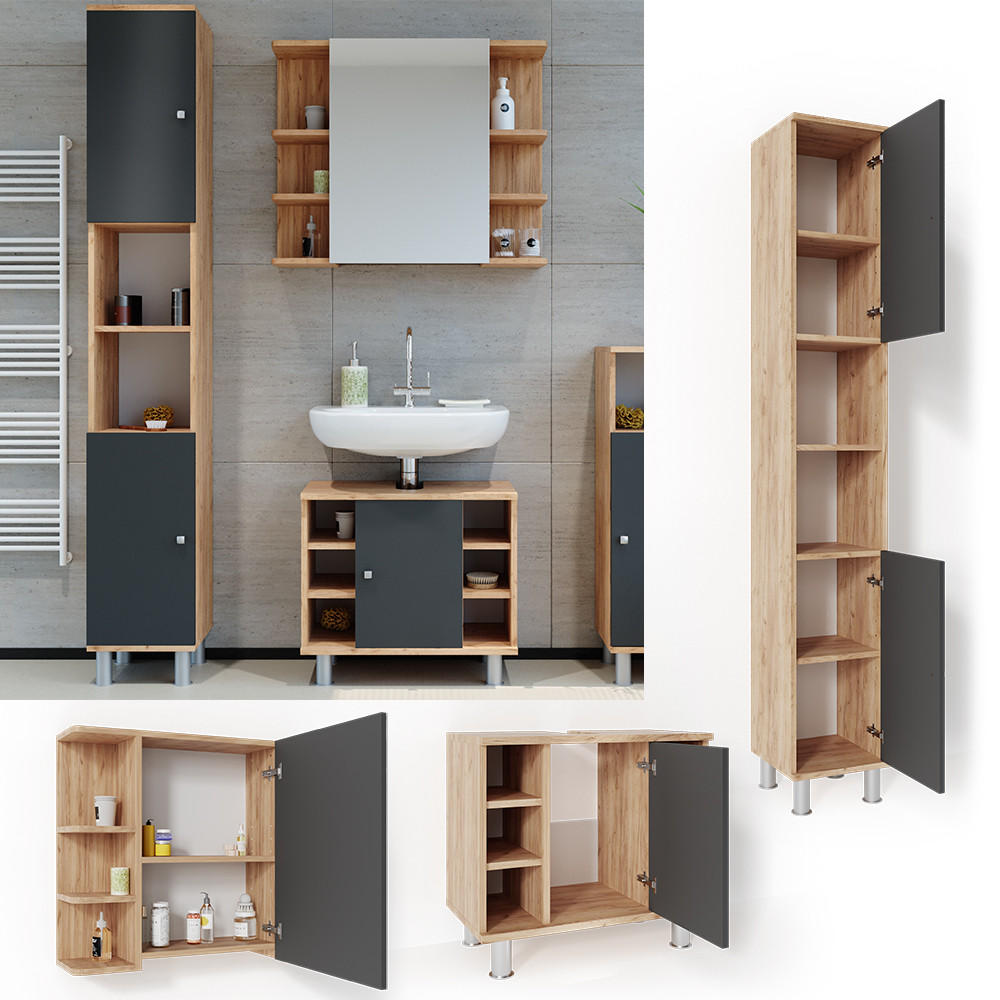 BADMÖBEL-SET Fynn Eiche 3 Teile, mit Hochschrank - Eichefarben/Anthrazit, Holzwerkstoff (60/54/32cm) - Vicco