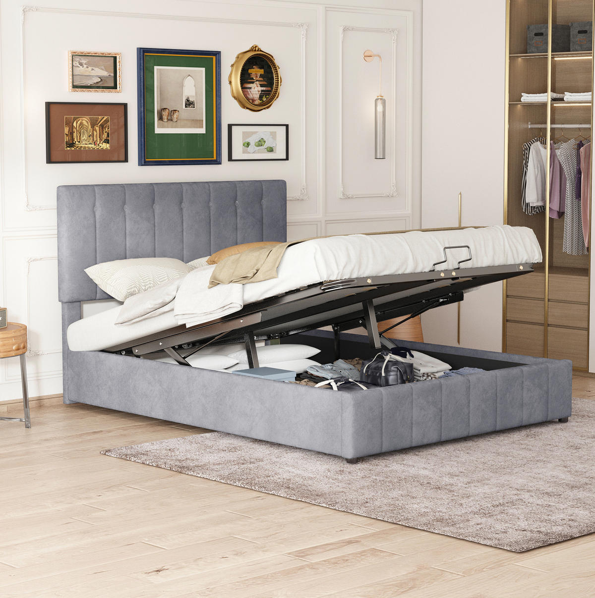 POLSTERBETT 140/200 cm grau mit hydraulischem Stauraum und höhenverstellbarem Kopfteil - Grau, Textil (140/200cm) - OKWISH