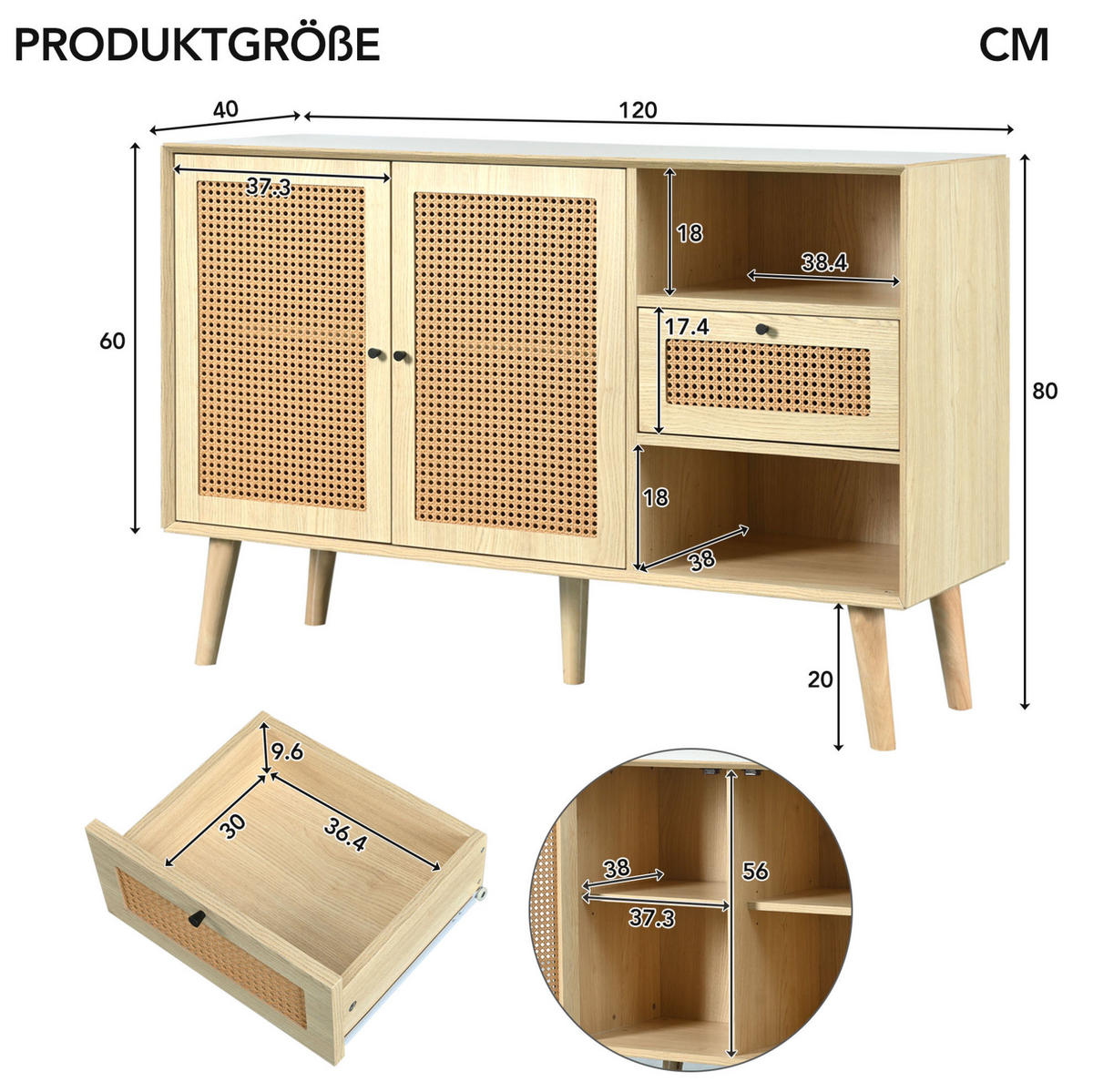 SIDEBOARD 120/40/80 cm, Eiche-Optik mit Rattan-Details, 1 Schublade und 2 magnetische Türen, verstellbare Einlegeböden, Eiche - Eichefarben, Holzwerkstoff (120/80/40cm) - Redom