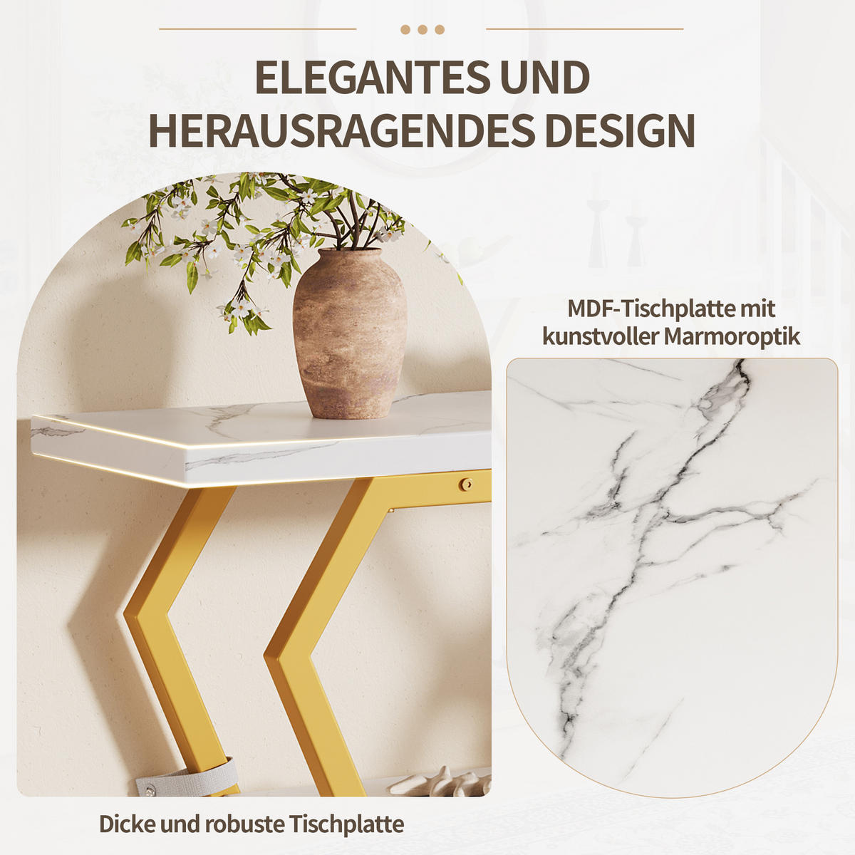 KONSOLENTISCH 120/29,5/80 cm Weiß in Marmoroptik mit Ablage MDF Metall - Weiß, Holzwerkstoff (120/29.5/80cm) - OKWISH