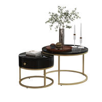 COUCHTISCH-SET 70/70/48 und 50/50/43,5 cm, rund, aus MDF mit Nesting-Design, Hochglanz-Marmormuster und Metallgestell, Schwarz - Schwarz, Holzwerkstoff (70/70/48cm) - Redom