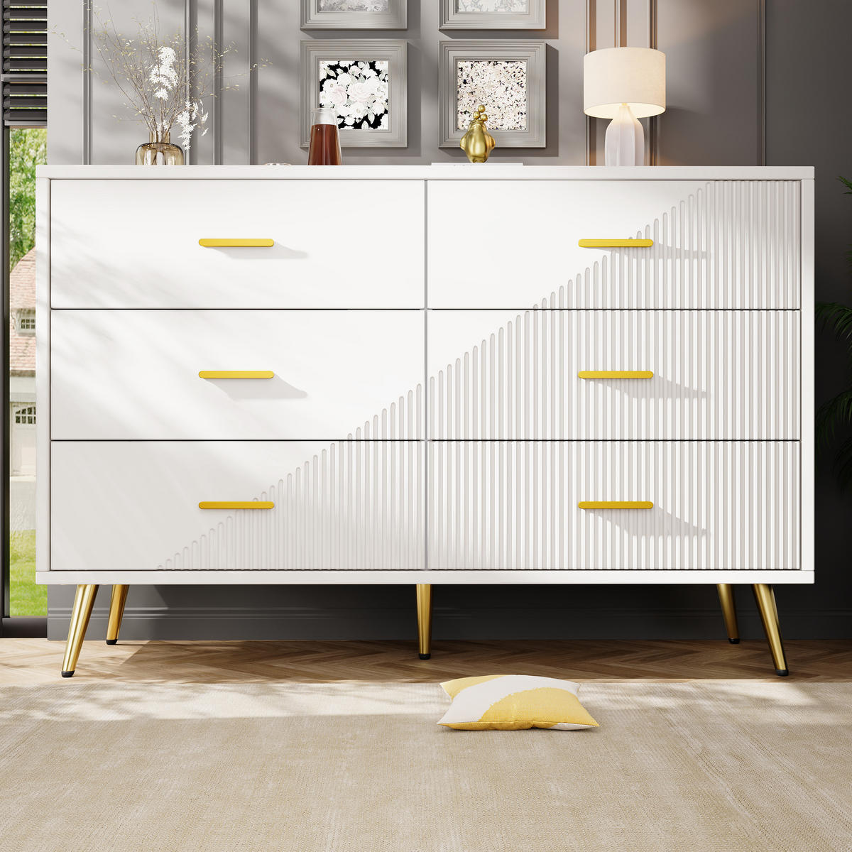 SIDEBOARD 120/40/75 cm, 6 Schubladen, weißes MDF mit Metallbeinen，weiß - Weiß, Holzwerkstoff (120/75/40cm) - Redom