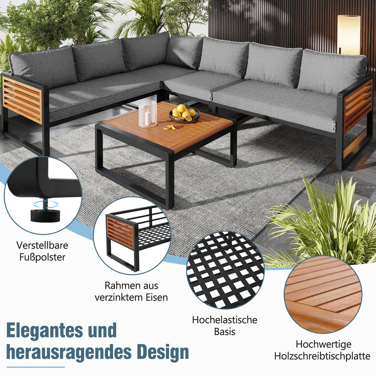 GARTENLOUNGE 110/60/63 cm grau aus Metall und Polyester 5-teilig flexibel kombinierbar - Grau, Metall - OKWISH