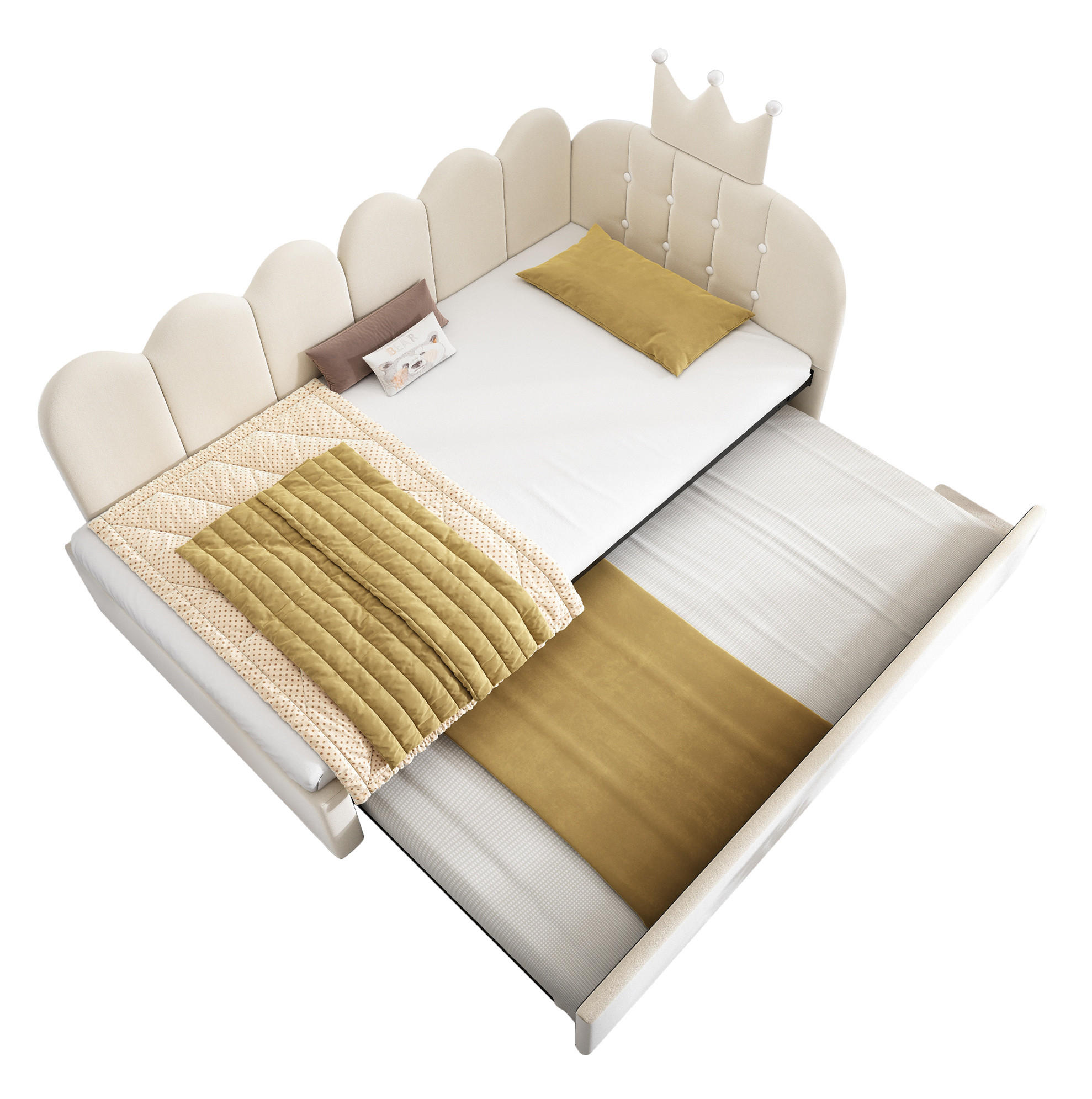 KINDERBETT Kindereinzelbetten 90/200 cm mit Ausziehbett 90/190 cm, L-Form, Samtbezug und Kronen-Gitterdesign, Beige - Beige, Textil (90/200cm) - Redom