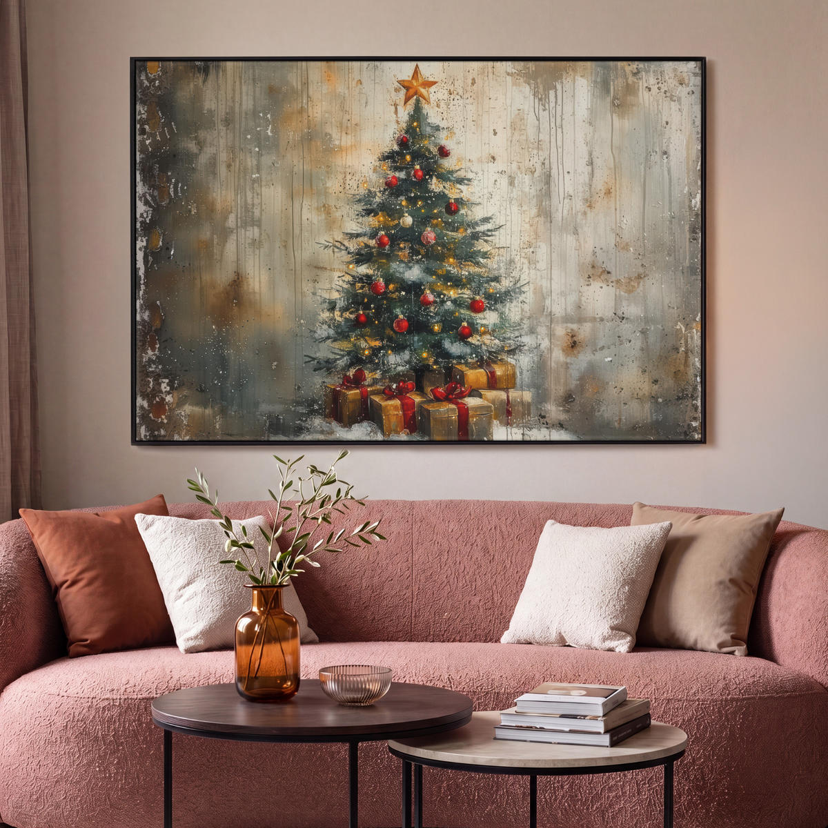 LEINWAND Bilder mit Rahmen - Weihnachtsbaum - Vintage - Weihnachten - Geschenk - 120x80 - Rostfarben, Textil (120/80cm) - MuchoWow