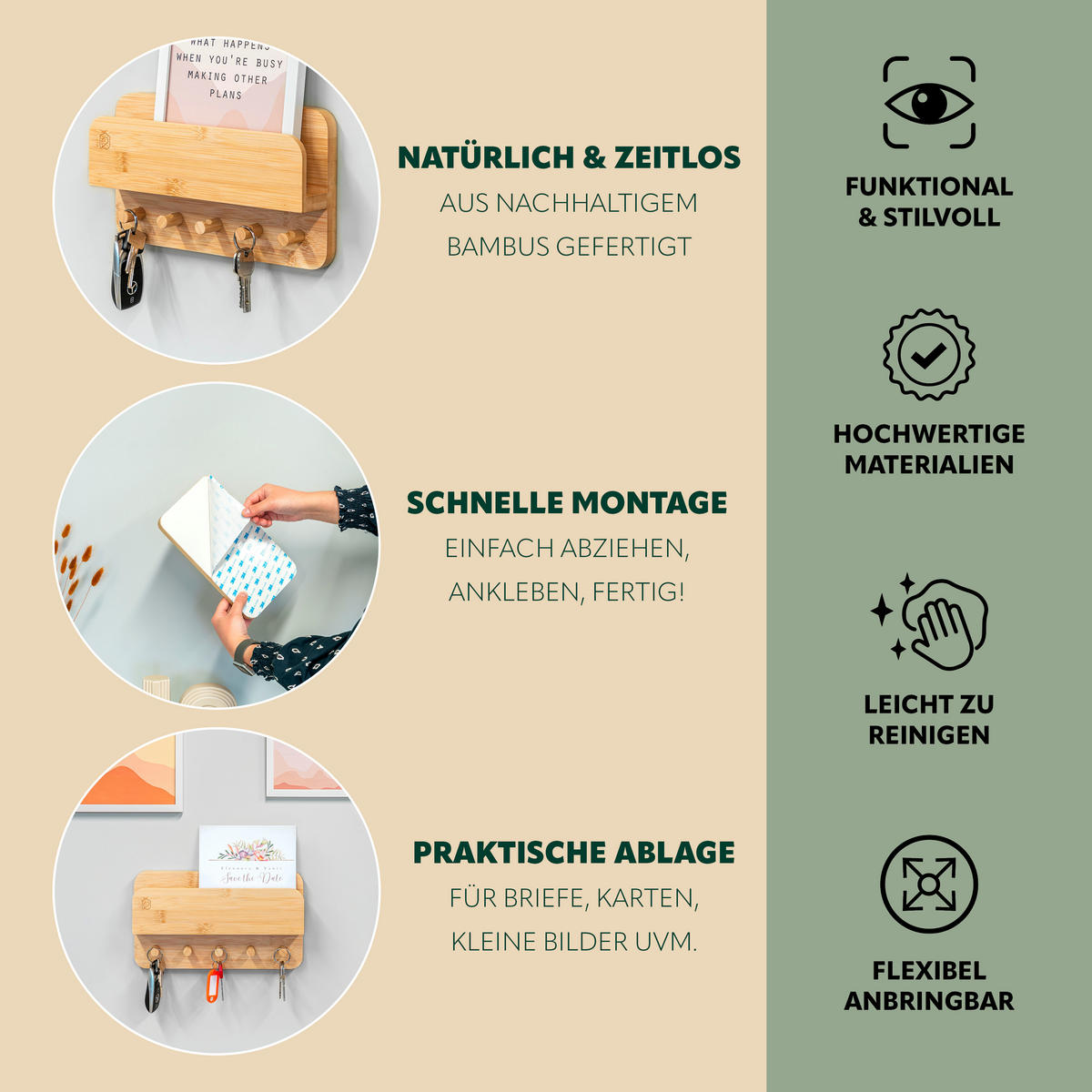 SCHLÜSSELBRETT, Bambus - Braun, Holz (26/15/5.5cm) - eluno