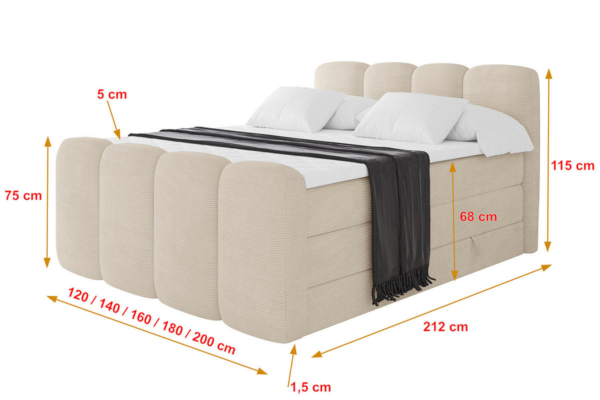 BOXBETT mit Matratze H3|H4 und Lattenrost - NINA-Z KING - 200x200 cm Poso - Beige - Ecru, Holzwerkstoff (200/200cm)