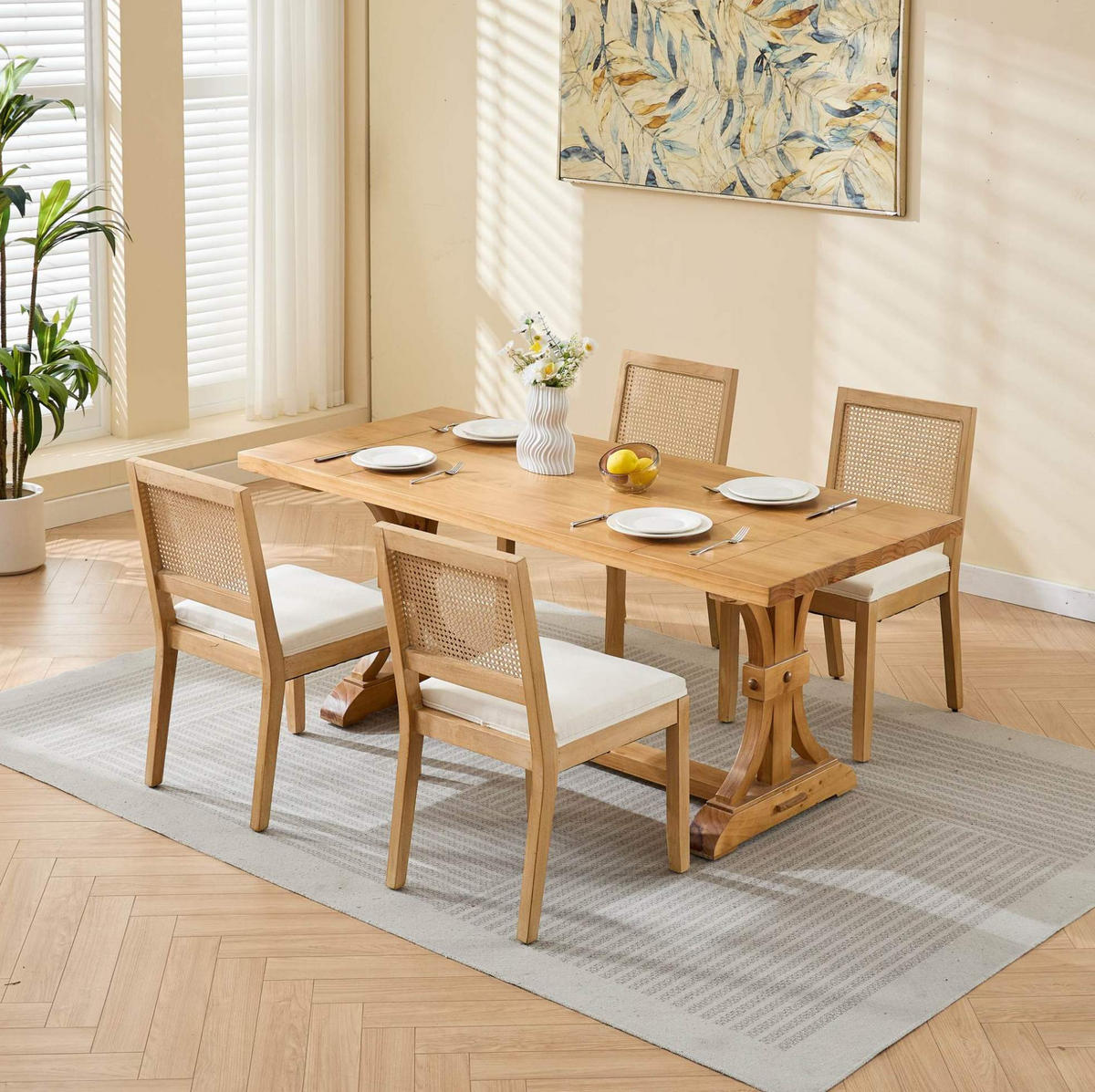 ESSZIMMERSTUHL mit Rattangeflecht Leinen Beige 2er-Set - Beige, Holz (48/86.5/56cm) - Meubliv
