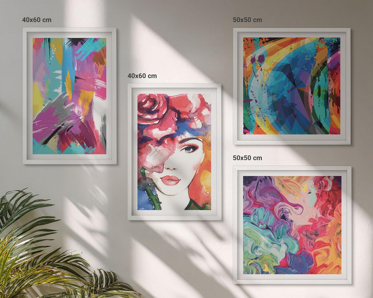 BILDER SET 4er Set - 50x50 cm & 40x60 cm Weißer Rahmen - Farbenfrohes abstraktes Porträt - Weiß, Kunststoff (50/50cm) - TULUP