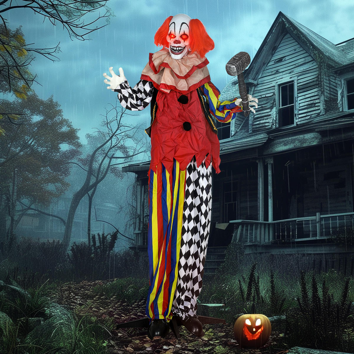 HALLOWEEN-DEKORATION Clown 173 cm mit leuchtenden Augen sprachgesteuert - Multicolor, Metall (18/173/90cm) - Outsunny