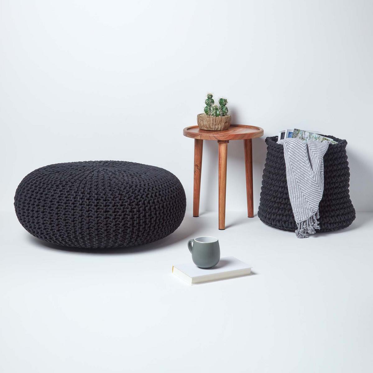 STRICK-POUF schwarz, Bodenkissen rund 70/70/23 cm - Schwarz, Textil (70/23/70cm) - Homescapes