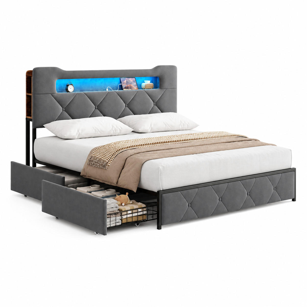POLSTERBETT 160/200 cm Grau mit LED, USB & Schubladen - Grau, Holz/Metall (160/200cm) - Joyfair