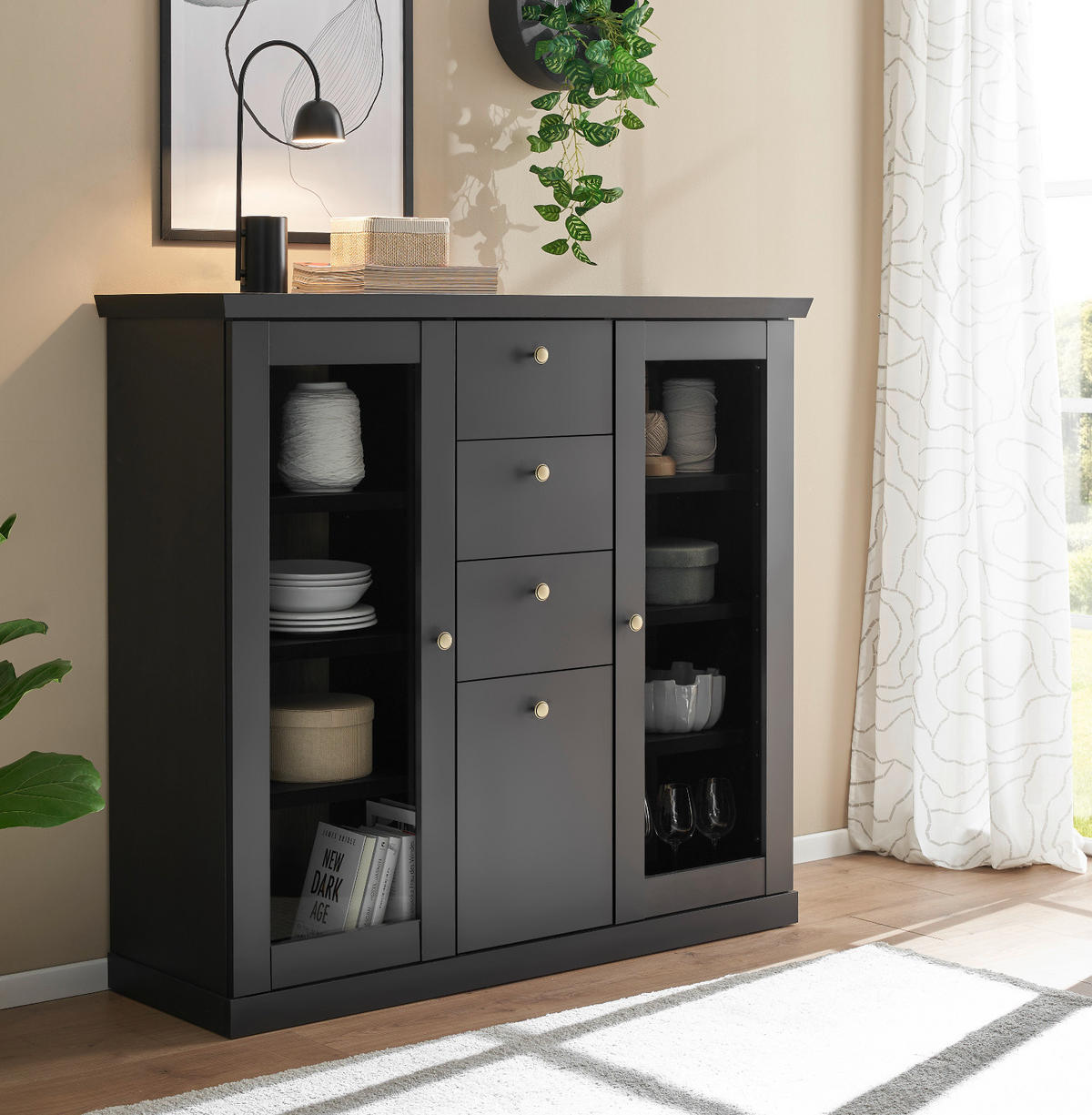 HIGHBOARD schwarz matt, Eiche 129 cm, Kommode Landhaus mit Soft-Close - Eichefarben/Messingfarben, Glas/Holzwerkstoff (129/117/42cm) - Furn.Design