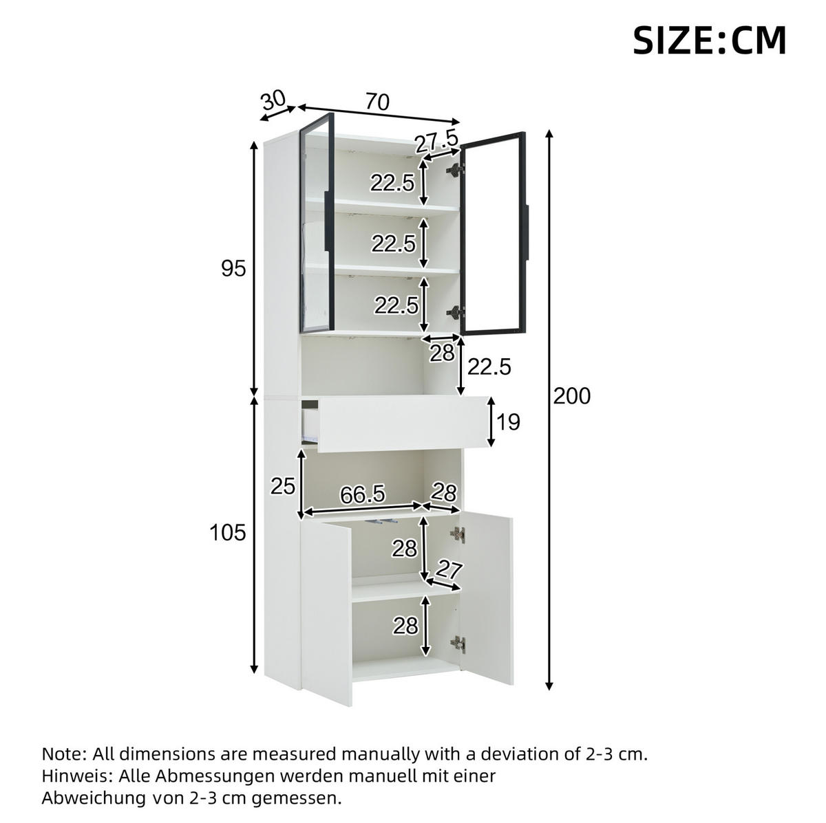 VITRINE 70/30/200 cm aus Spanplatte mit LED-Beleuchtung und Glastüren Weiß - Weiß, Holzwerkstoff (70/200/30cm) - Modenvie