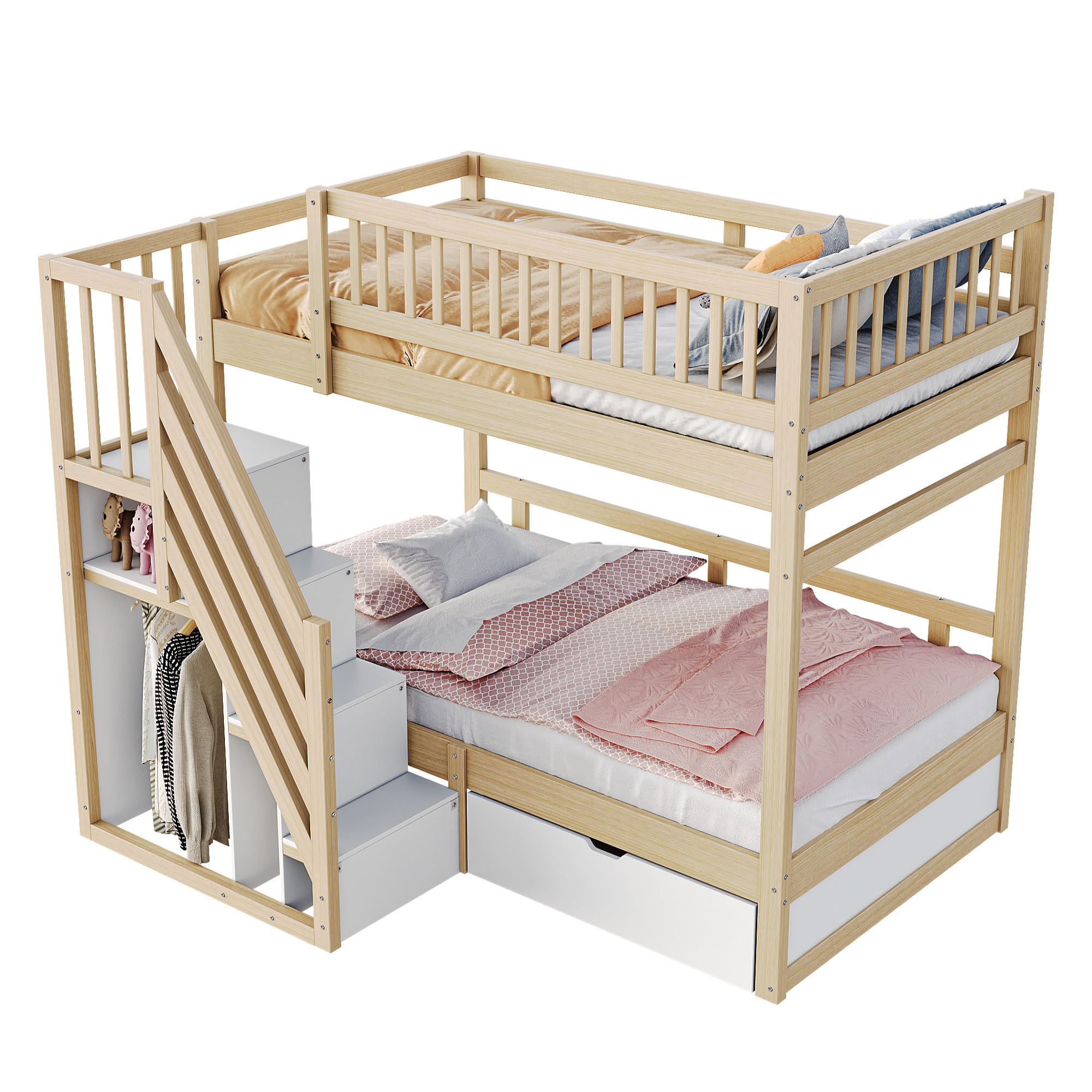 KINDERBETT aus Massivholz 90x200 cm mit Stauraumtreppe & Schublade - Naturfarben, Holz (90/200cm) - Modfu