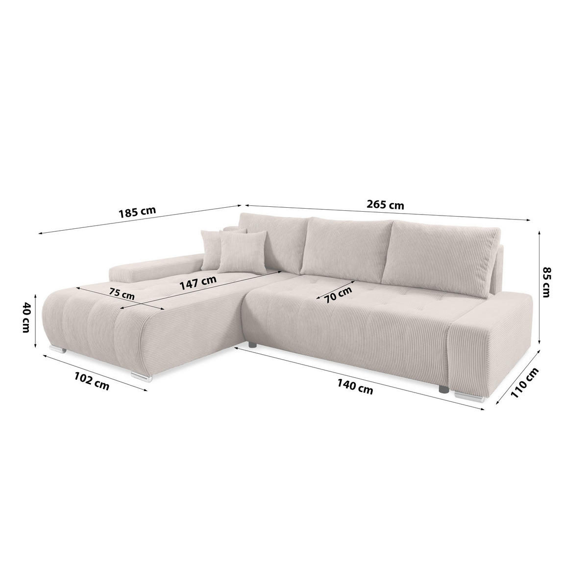 ECKSOFA mit Bettkasten Tragel L, Beige - Beige, Textil (185/265cm) - Meblito