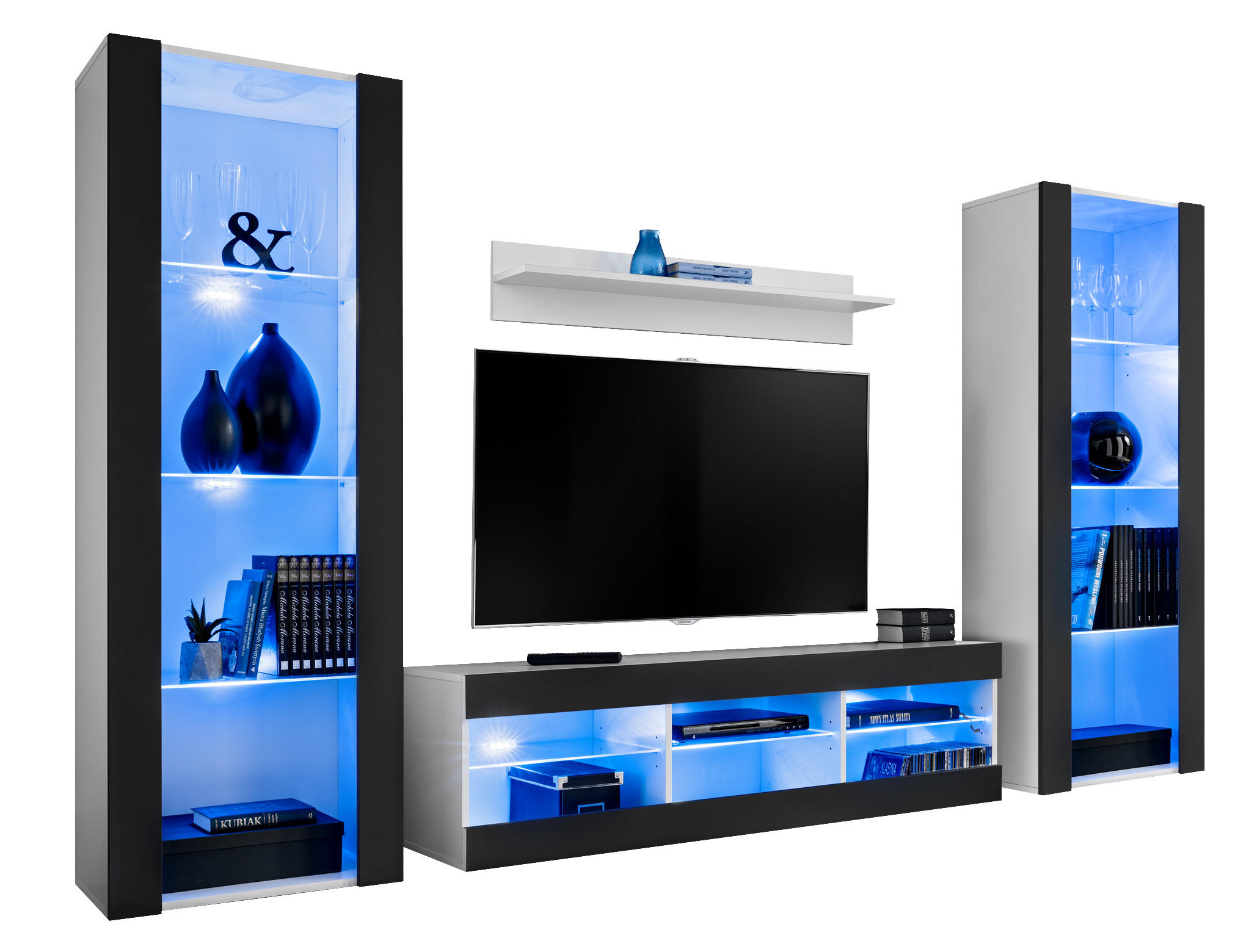 WOHNZIMMERSET TIVOLI GRANDE, 4er-Set, Schwarz, LED Blau - Schwarz/Weiß, Glas/Holzwerkstoff (250/159/35cm) - Komodee