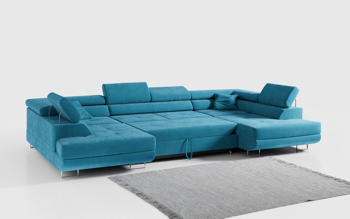WOHNLANDSCHAFT GUSTAW U Hellblau Velvet - Silberfarben/Hellblau, Textil/Metall (340/55/205cm) - MKS