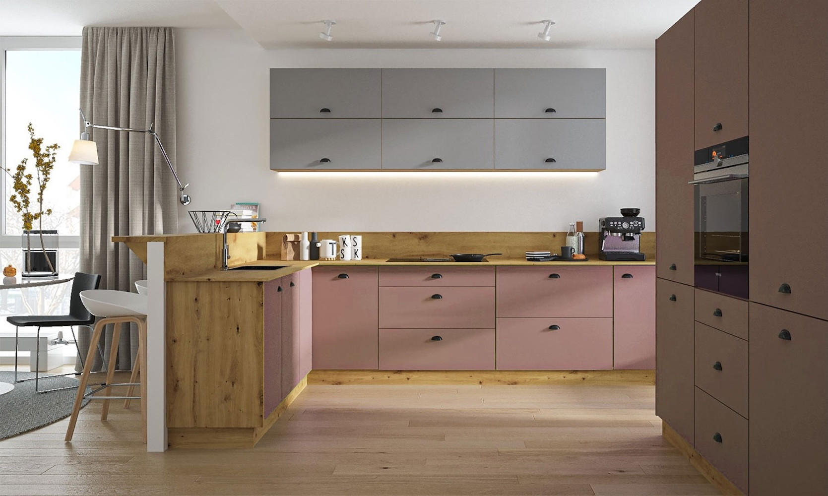 WINKELKÜCHE & KÜCHENBLOCK Bonn eiche artisan matt / rosé kupfer matt & dust grey matt 15-teilig - Rosa/Grau, Holzwerkstoff/Metall (310/207/170cm) - Feldmann-Wohnen