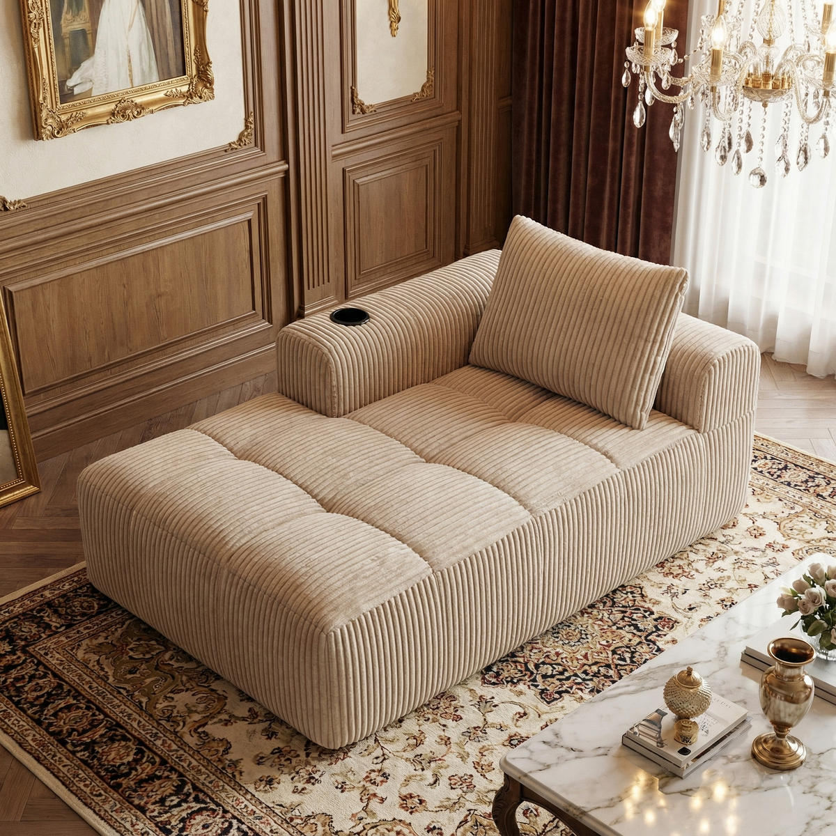 CHAISELONGUE in Cord (158 cm) mit Getränkehalter & Seitentaschen - Taupe, Textil (158/61/93cm) - Urban Meuble