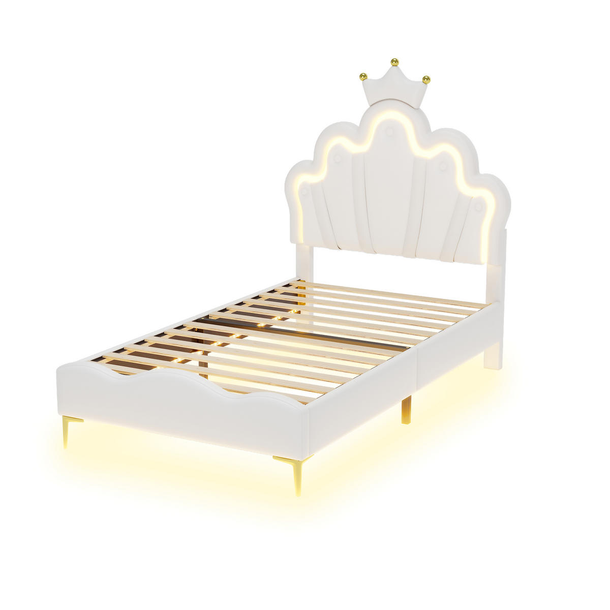 KINDERBETT 90/200 cm Weiß mit LED-Beleuchtung und krönenförmigem Kopfteil - Weiß, Kunststoff (90/200cm) - OKWISH