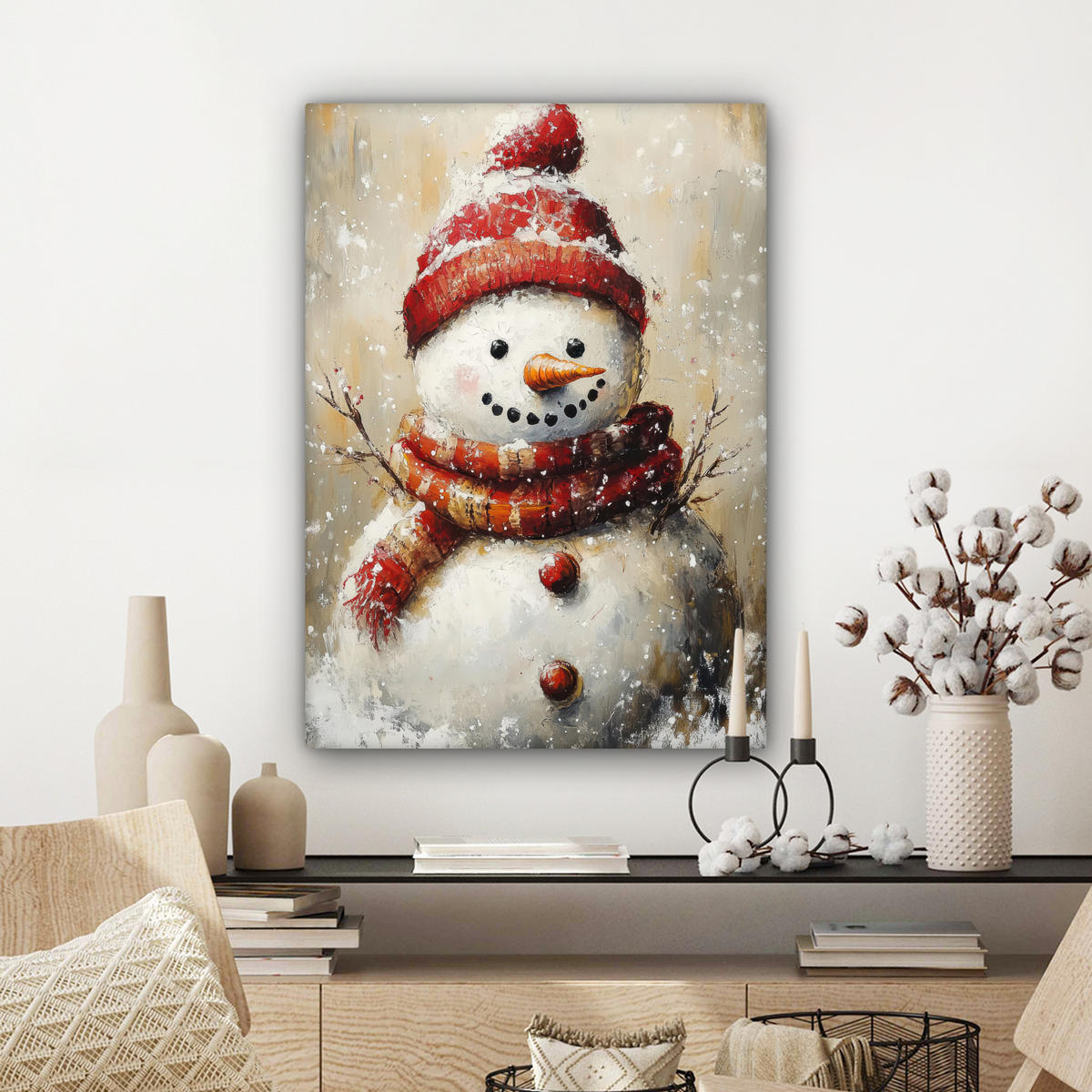 LEINWANDBILD Schneemann - Winter - Schnee - Beige 60x80 cm - Weiß, Textil (60/80cm) - MuchoWow