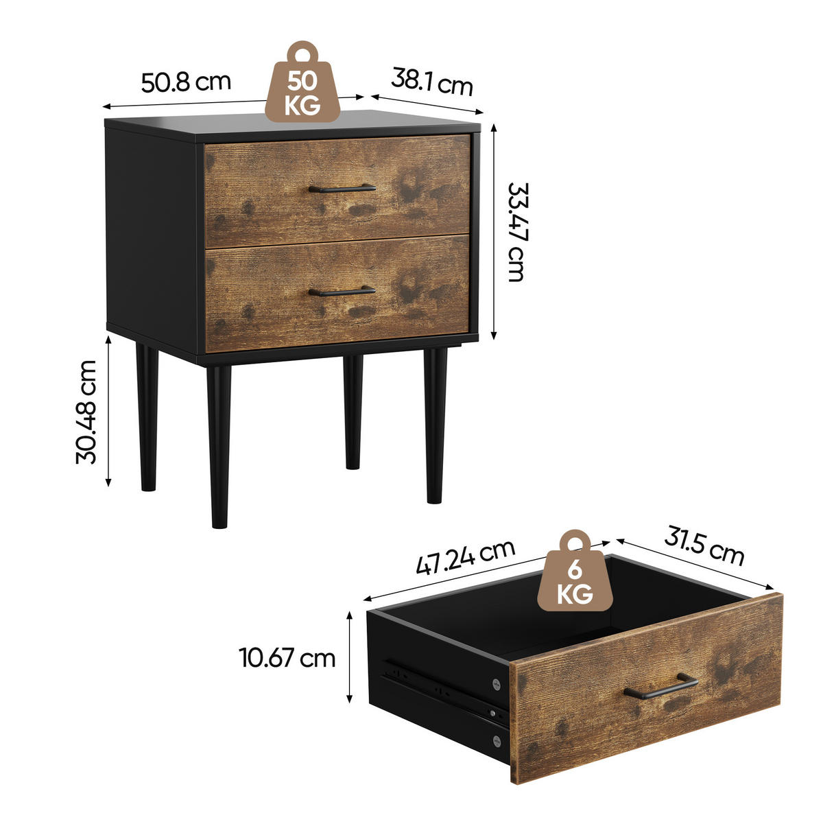 NACHTTISCH aus MDF 51x38x66 cm Antikbraun mit 2 Schubladen im Retro-Design - Braun, Holzwerkstoff (51/66/38cm) - Modfu