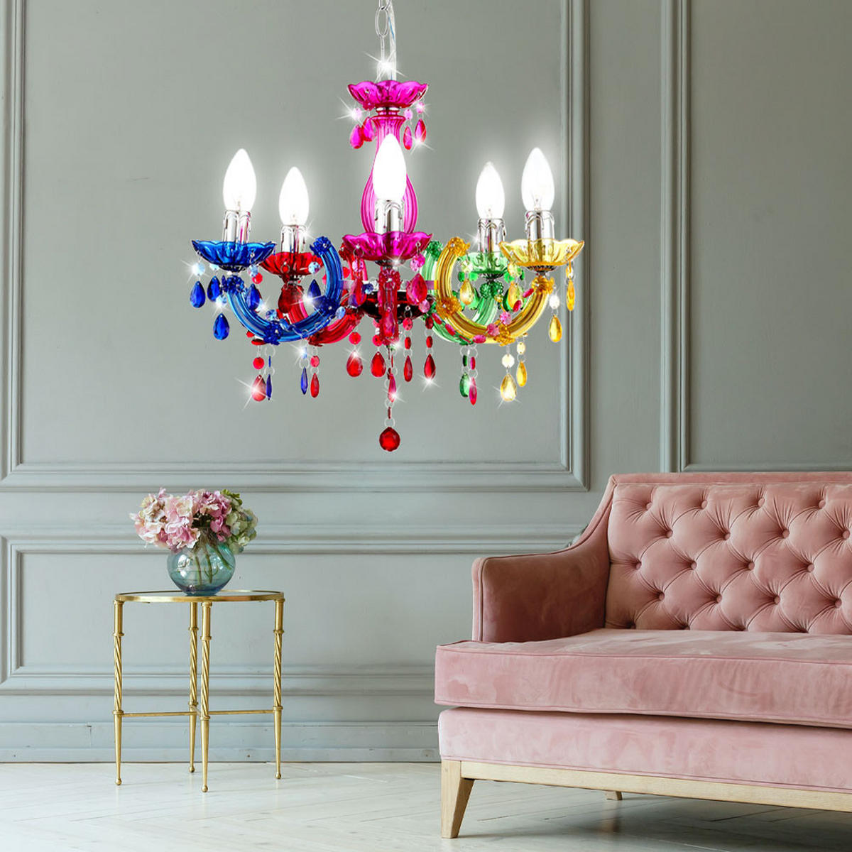 KRONLEUCHTER Kristalle Bunt 5-flammig - Multicolor, Metall (44/44/128cm) - Globo Lighting