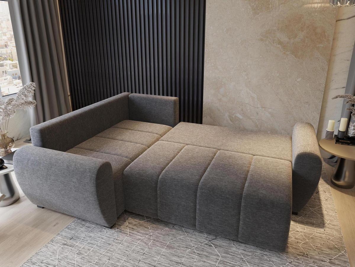 ECKSOFA MADISON L L-S Blau Plüsch-Stoff mit Schlaffunktion - Blau, Holz (235/175cm) - MASSENO