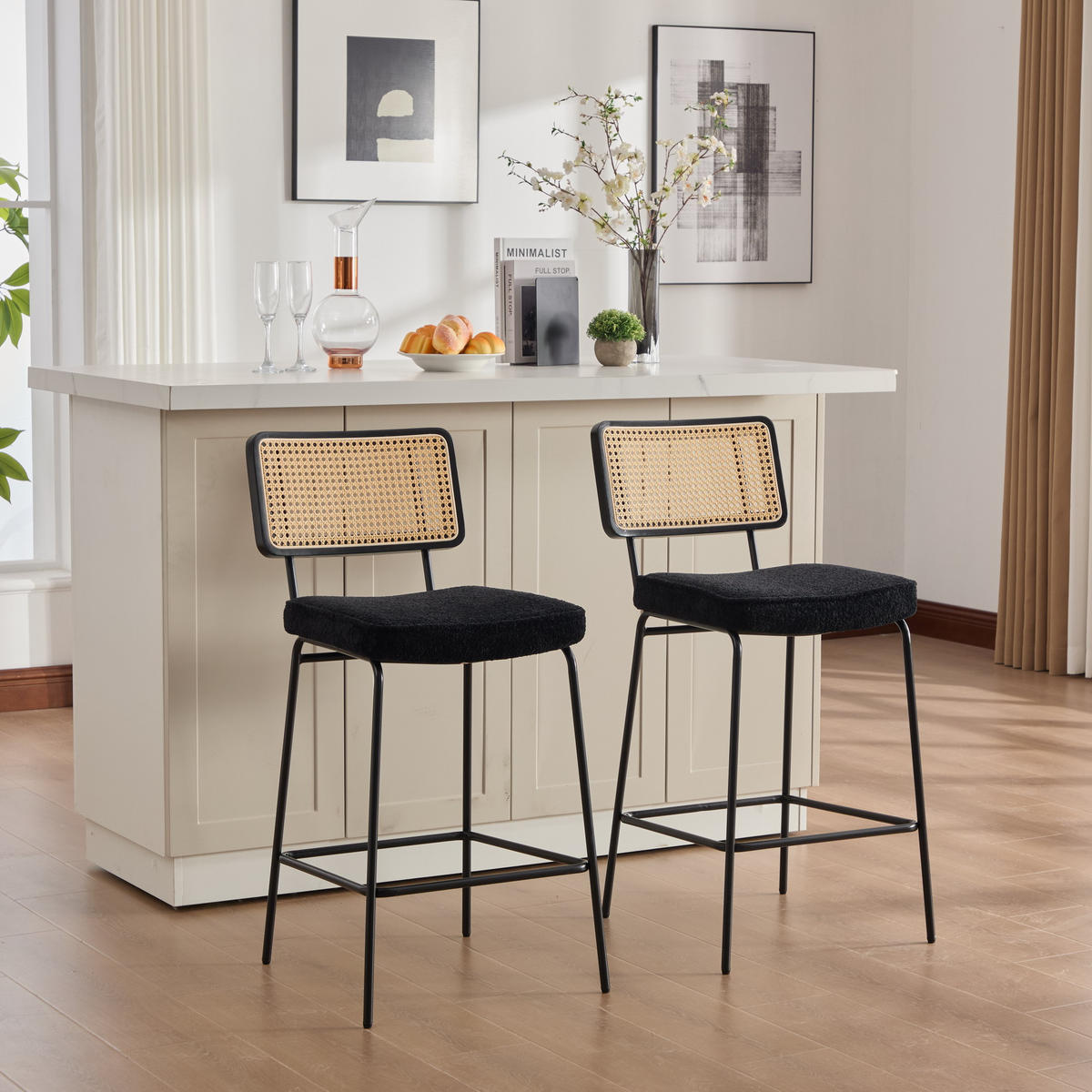 BARHOCKER DE-36881 2er-Set mit Chenille-Bezug und Rattan-Optik Schwarz - Schwarz, Metall (59.8/96.5/46.2cm) - ComfortXL