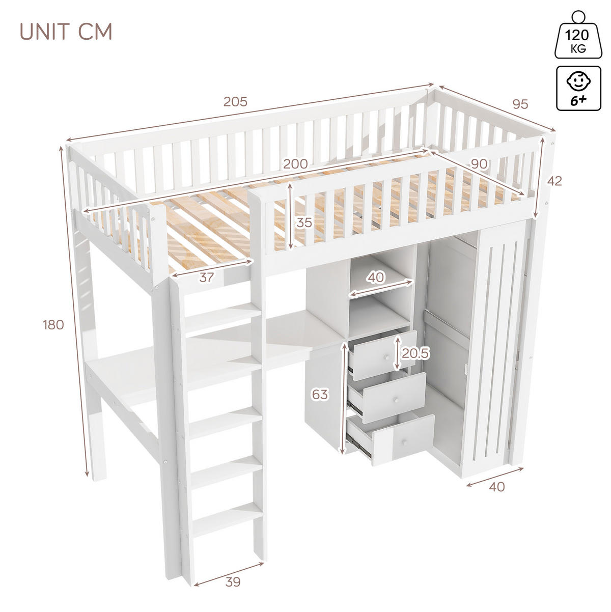 HOCHBETT 90/200 cm mit Schreibtisch, Kleiderschrank, 3 Schubladen und Treppe aus Kiefernholz/MDF, Weiß - Weiß, Holz (90/200cm) - Redom