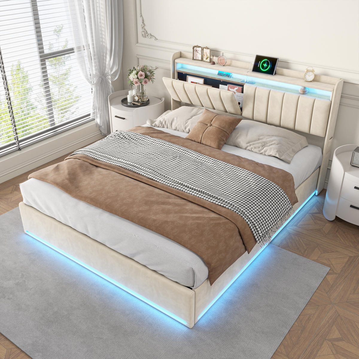 BETT 160/200 cm Beige mit Stauraum, Polsterbett für Erwachsene - Beige/Naturfarben, Holz/Metall (160/200cm) - PARAFTA HOME