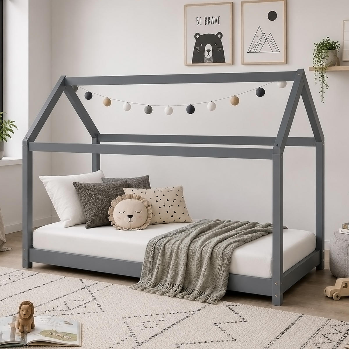 HAUSBETT 90/200 cm grau - Grau, Holz (206/141/96cm) - Homestyle4u