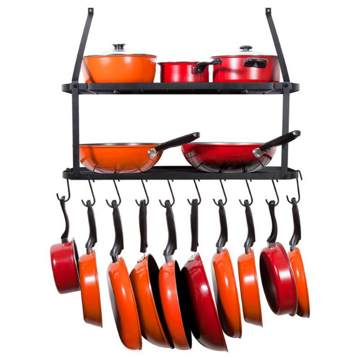 WANDREGAL 2-stöckig mit 10 Haken für Töpfe und Pfannen schwarz 74,9/34,8/58,9 cm - Schwarz, Metall (30/75/35cm) - Livingandhome
