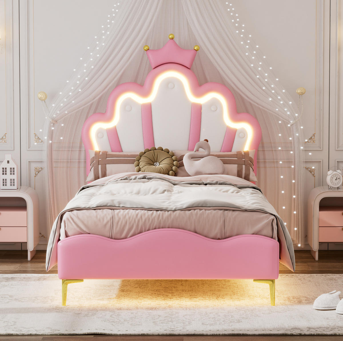 KINDERBETT Polsterbett 90/200 cm aus PU-Kunstleder mit LED-Beleuchtung und Kronenkopfteil Rosa - Rosa, Kunststoff (90/200cm) - Modenvie
