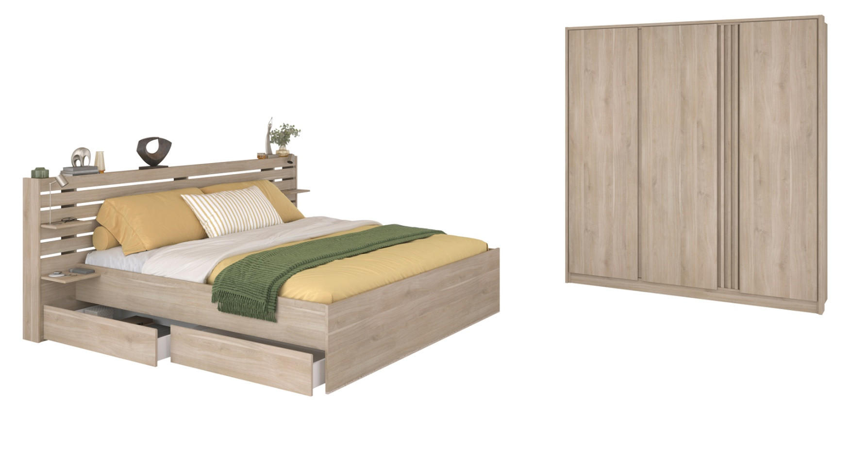 SCHLAFZIMMER komplett Set Stauraumbett 140x200 mit Kleiderschrank - Eichefarben, Holz/Holzwerkstoff (140/203/200cm) - Parisot Meuble