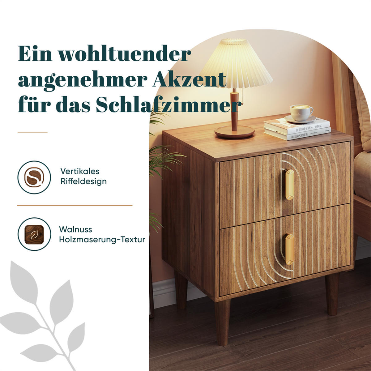 NACHTTISCH mit 2 Schubladen - Stilvollen Metallgriffen & Stabilem Massivholzbeine - für Schlafzimmer & Wohnzimmer - Walnussfarben, Holzwerkstoff (38/56/48cm) - DELFA