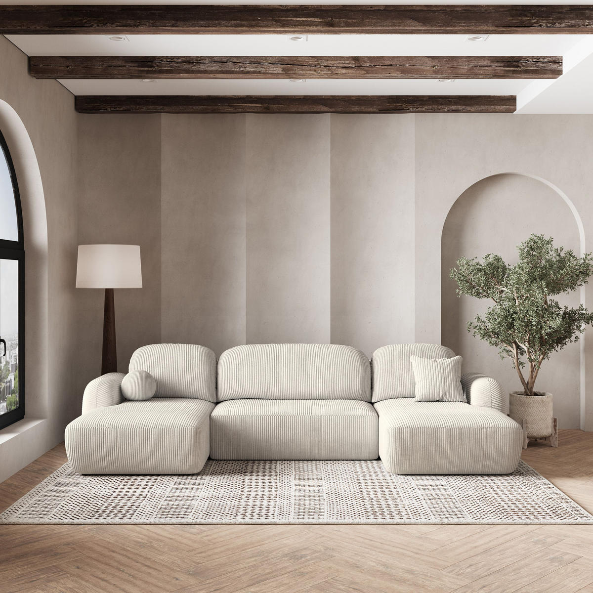 ROHOVÁ SEDAČKA SAVONA krémová - černá/krémová, dřevo/textil (320/148cm) - MASSENO