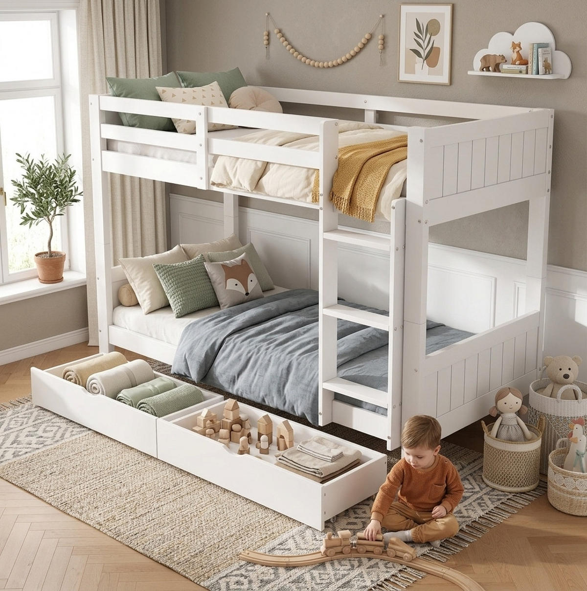 ETAGENBETT aus Holz 90x200 cm Weiß mit 2 Schubladen, Leiter und teilbar in 2 Einzelbetten - Weiß, Holz (90/200cm) - Modfu