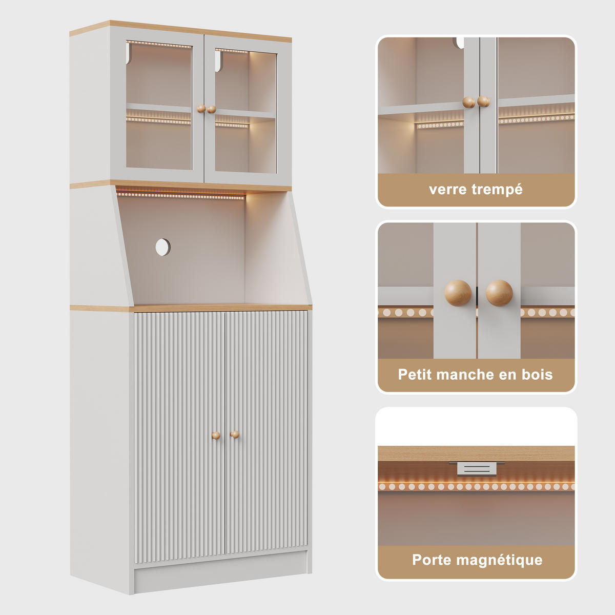 BUFFET hoch 40x70x180 cm LED Arbeitsplatte Stauraum weiß - Weiß, Holz (70/180/40cm) - LEBENLANG