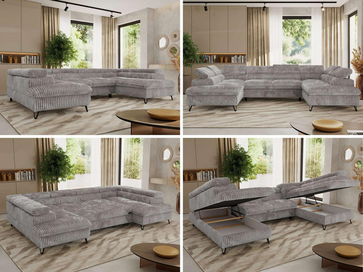 WOHNLANDSCHAFT PABLO U Cord Hellgrau mit Topper T25 - Hellgrau/Schwarz, Textil/Metall (346/76/208cm) - MKS